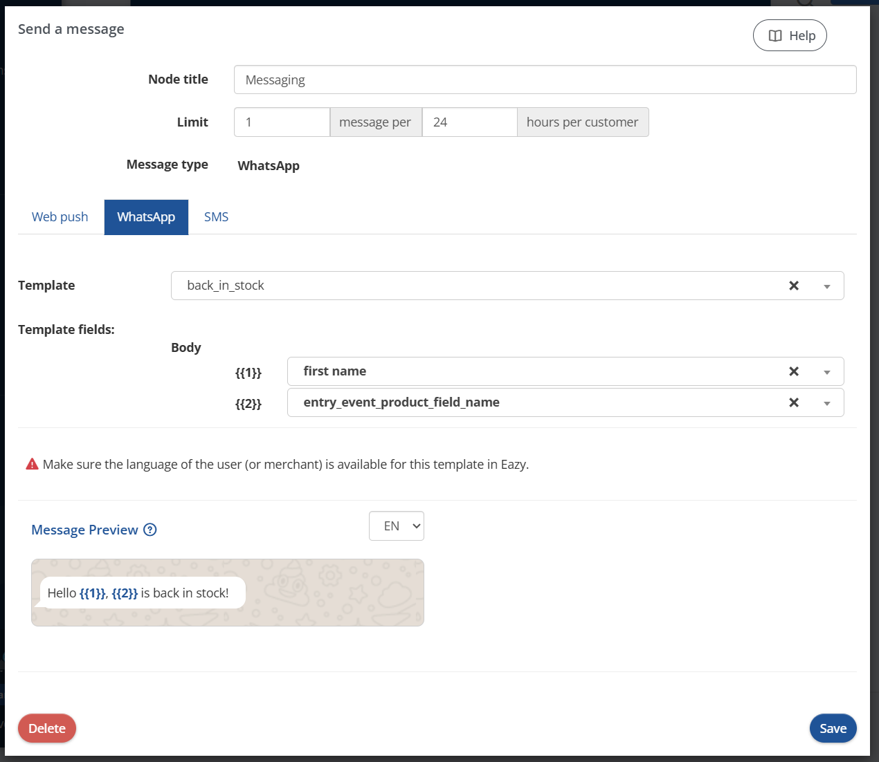 Settings Messaging node WhatsApp