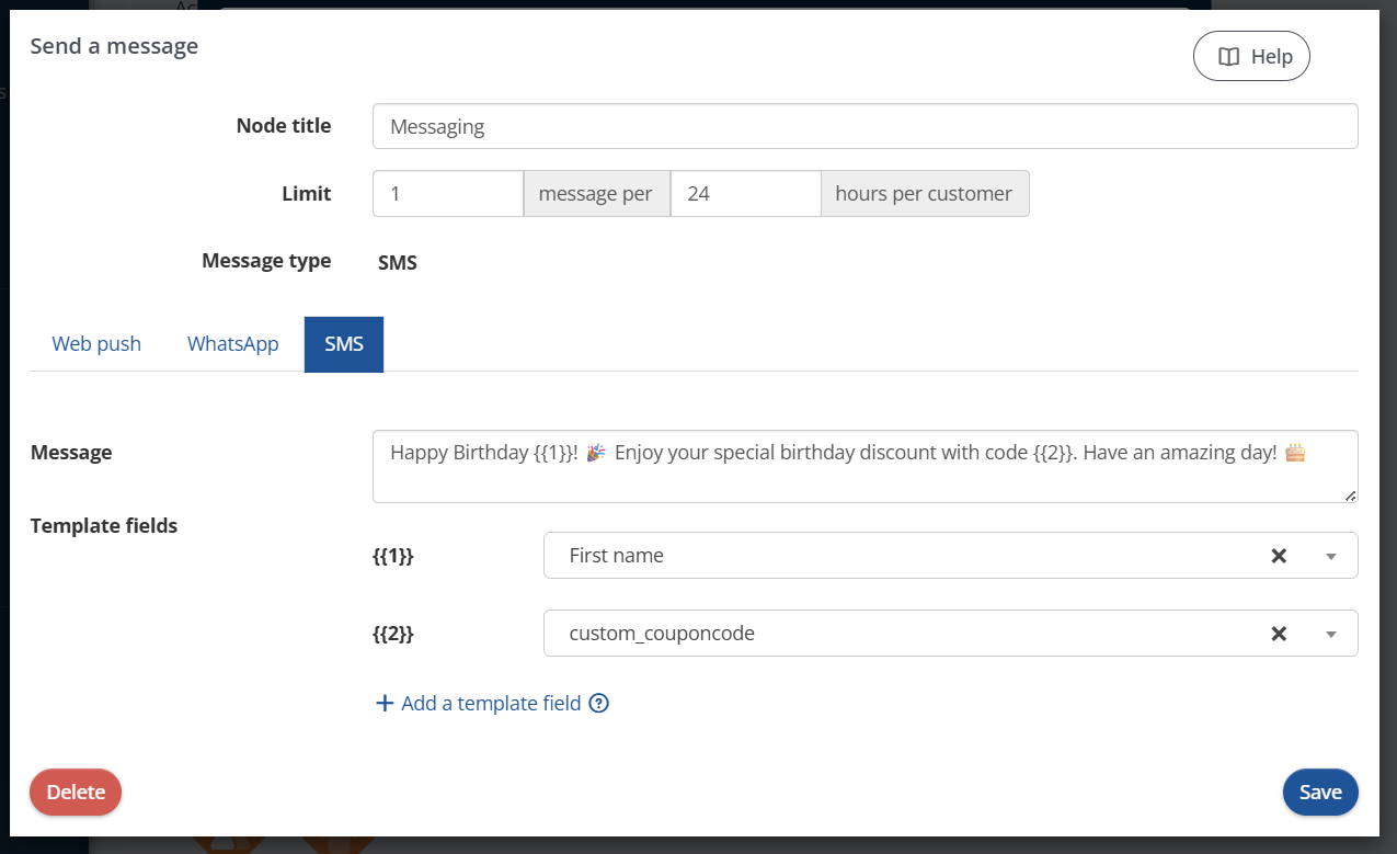 Settings Messaging node SMS