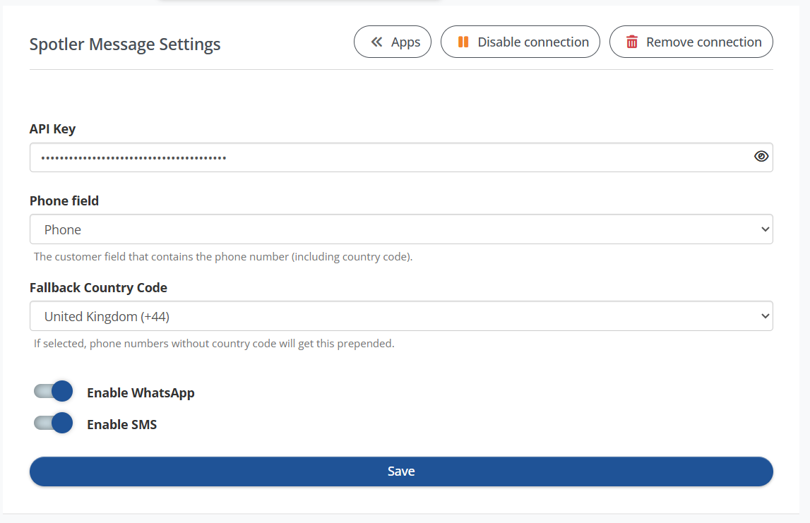 Spotler Activate Apps Settings Message connector